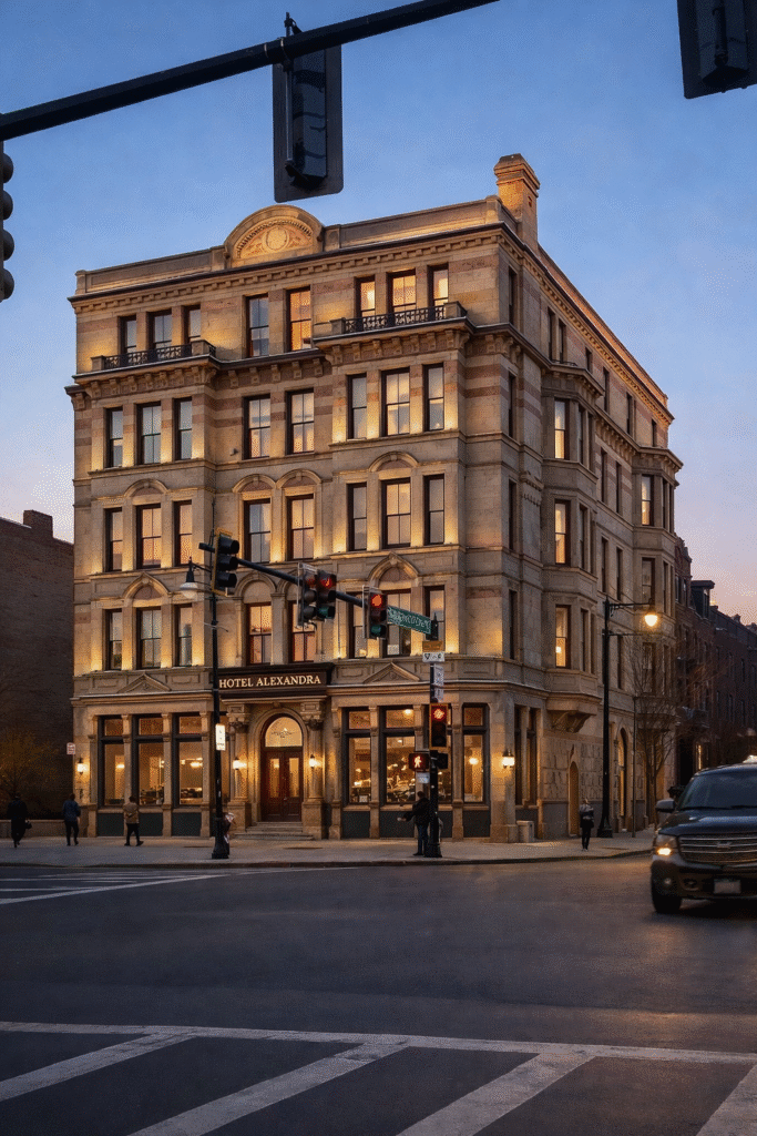Conceptual restoration rendering of the historic Hotel Alexandra in Boston, preserving its original facade and Victorian proportions