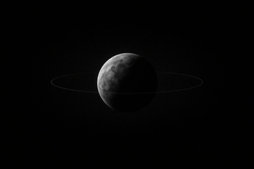 Foundations of Cosmos;Grayscale image of a single celestial body under directional light with a thin orbital line against a black background