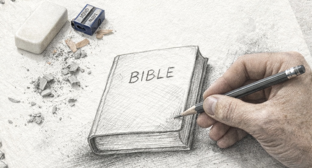 Hand drawing a Bible with a pencil on paper symbolizing a daily chapter by The Bible study series - Genesis | 