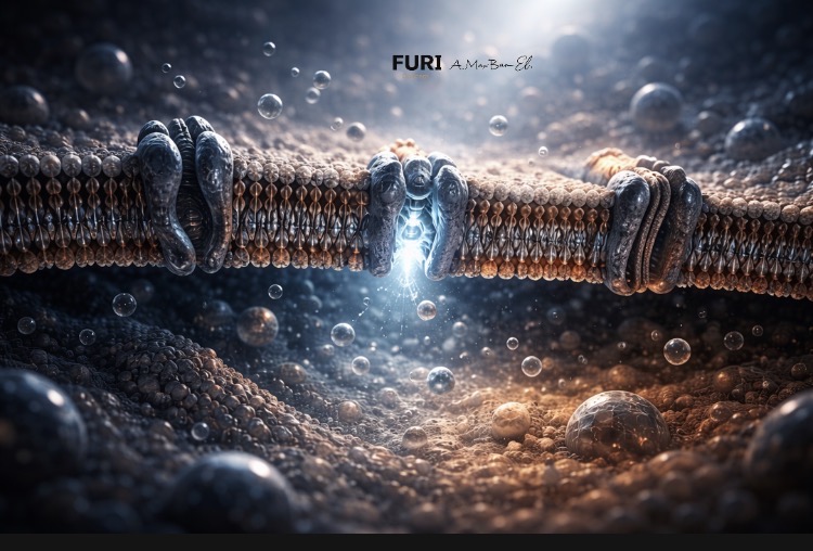 Cinematic cross-sectional view of a cell membrane with lipid bilayer and transport proteins regulating ion movement across a maintained concentration gradient