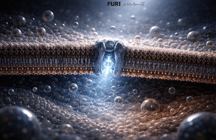 Action Potential and Membrane Potential - Threshold Is Not Arbitrary. Cinematic cross-sectional view of a cell membrane showing a partially open voltage-gated ion channel with sodium ions moving across an electrical gradient